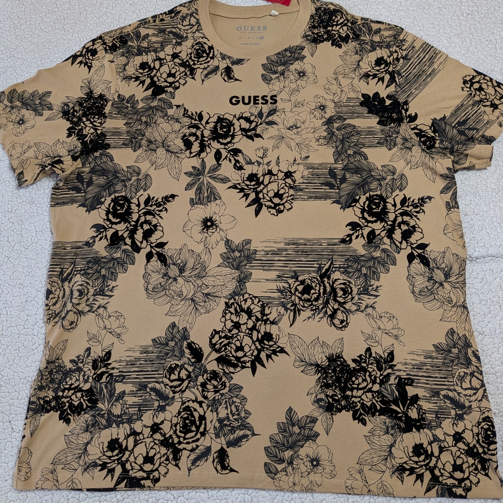 Guess Floral Flocked T Shirt XXL Athletic Fit Tan Black